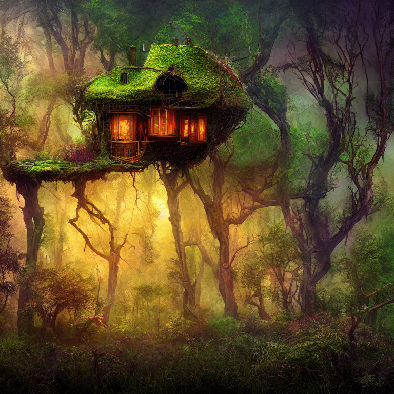 Glowing treehouse in foggy forest with lush foliage