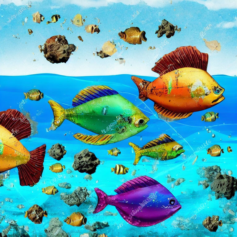 Colorful Tropical Fish Swimming Among Rocks in Vibrant Underwater Scene