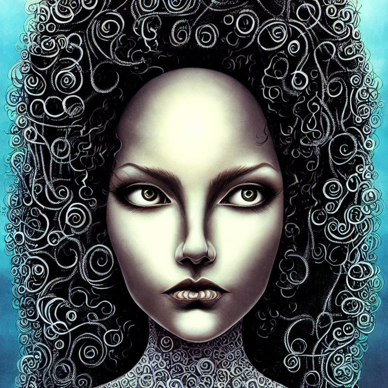 Mystical female figure with pale skin and intricate curly hair on blue background