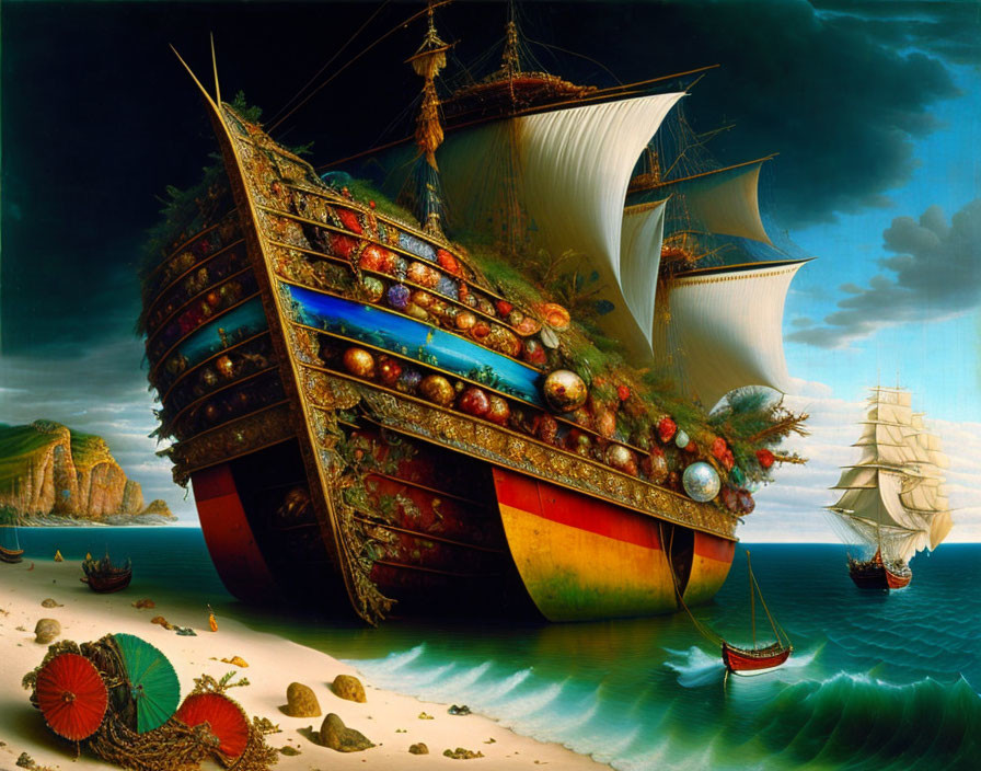 Colorful painting of ornate beached ship with intricate details and smaller vessel approaching
