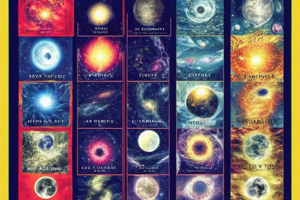 Vibrant Collage of Planets, Nebulae, and Galaxies with Fantasy Text