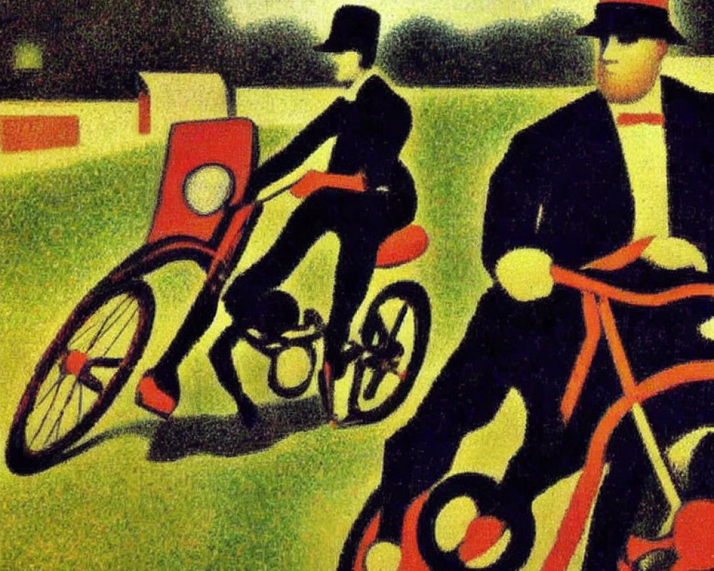 Stylized figures on red and black motorcycles in suits and top hats