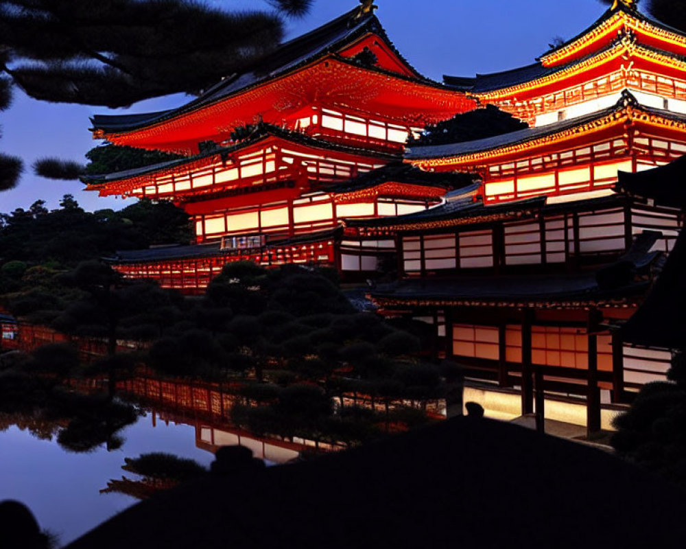 Traditional Japanese temple at night with red and white architecture reflected in pond