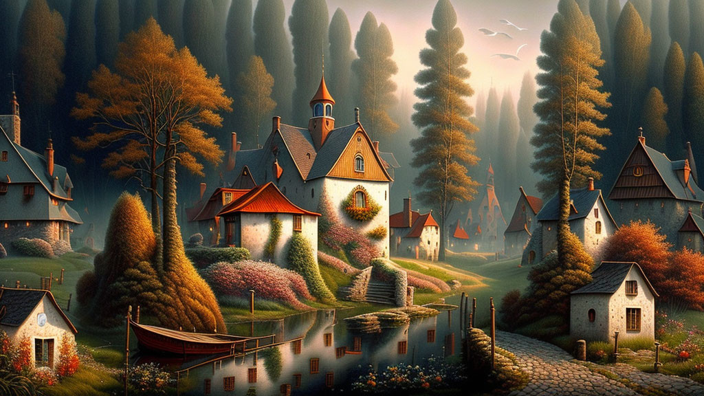 Tranquil Fantasy Village with Cottages, Church, River, and Autumn Trees