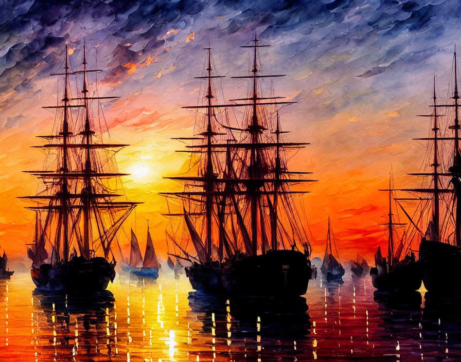 Multiple-masted tall ships at sunset in calm waters