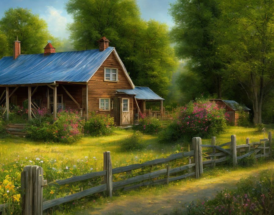 Rustic wooden cabin with blue roof in lush greenery & flowers