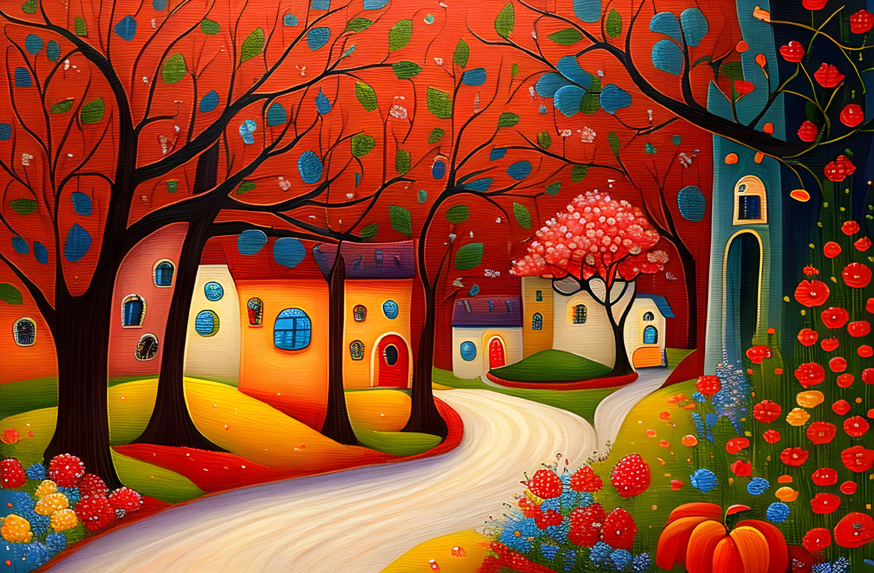 Colorful forest painting with stylized trees, cottages, path, and bright flora
