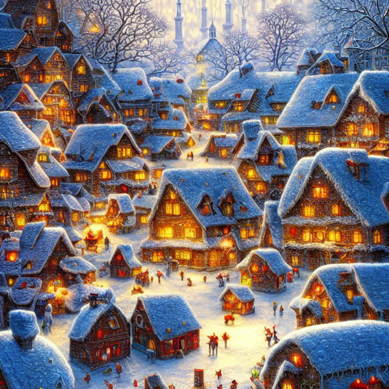 Snowy village with warmly lit windows and streetlights at twilight