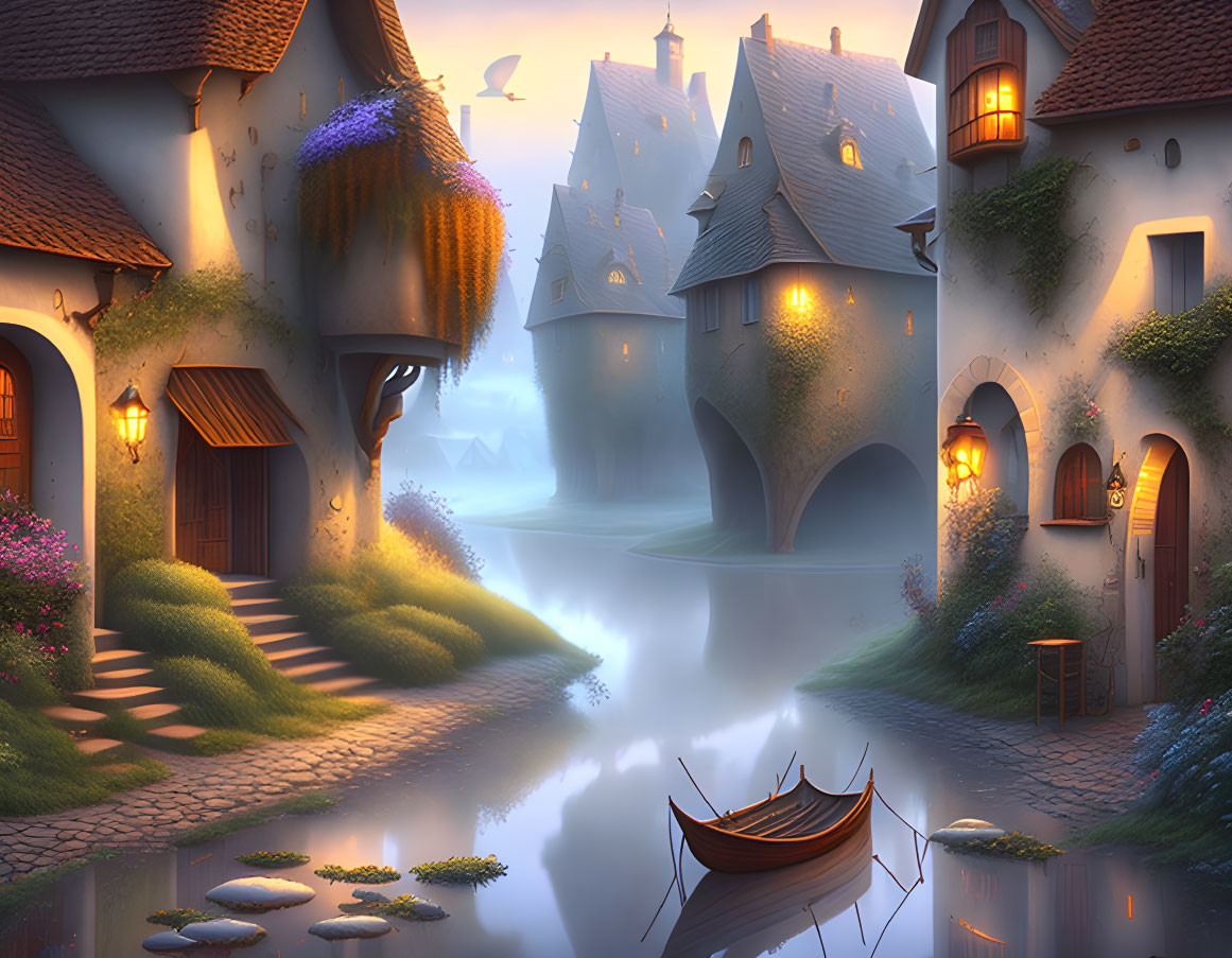 Picturesque Fantasy Village with Cobblestone Paths, Quaint Houses, River Boat, and Lantern Light
