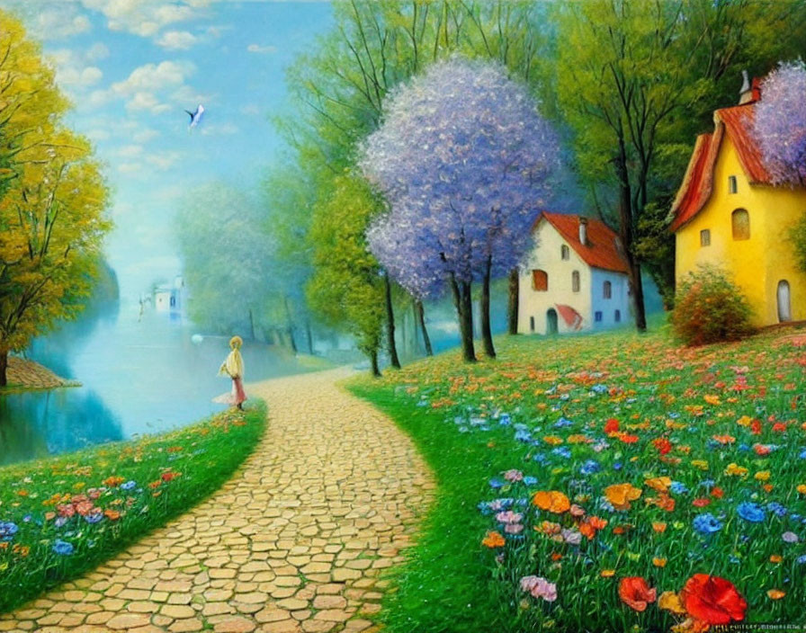 Tranquil landscape with cobblestone path, river, flowers, and houses