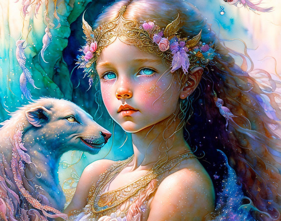 Young girl with ornate headpiece and wolf in vibrant, ethereal setting