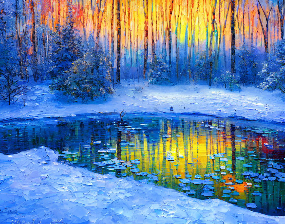 Winter scene painting with snow, lake, and colorful trees