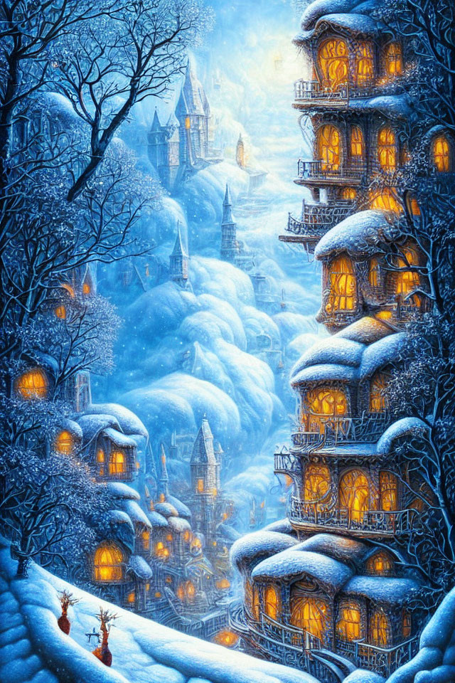 Snow-covered winter scene with glowing buildings, castle, frosty trees, and deer.