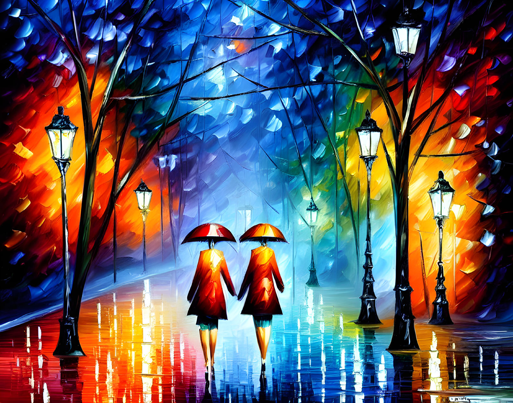 Abstract painting: Two people with umbrellas on rain-soaked street