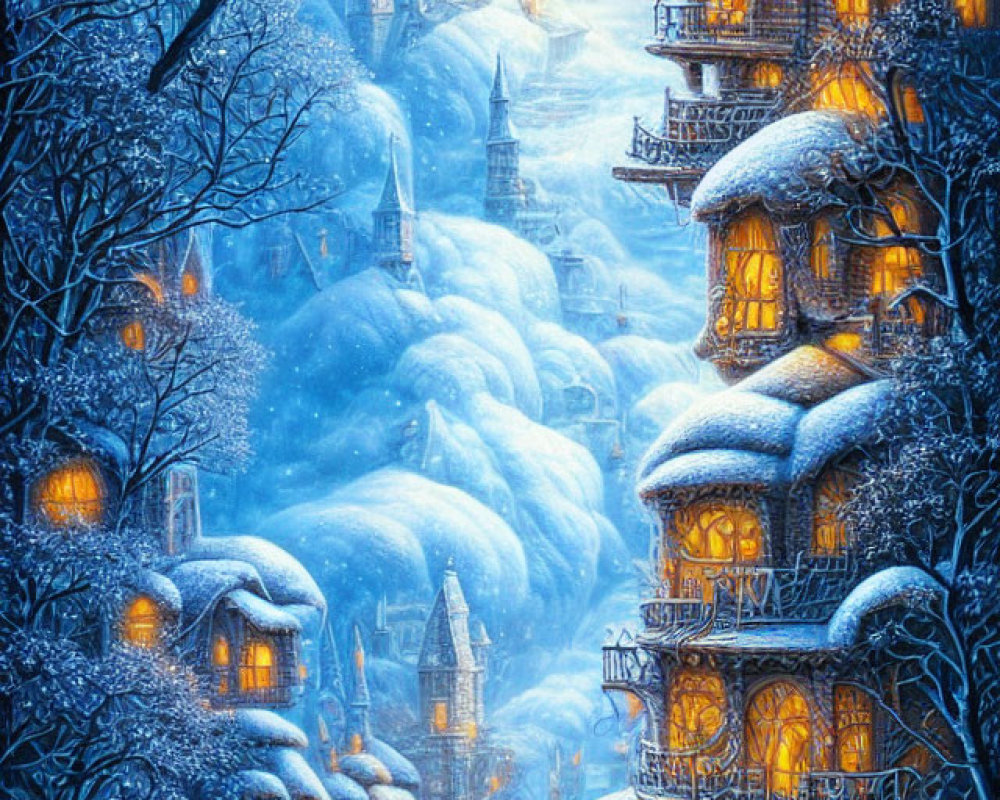 Snow-covered winter scene with glowing buildings, castle, frosty trees, and deer.