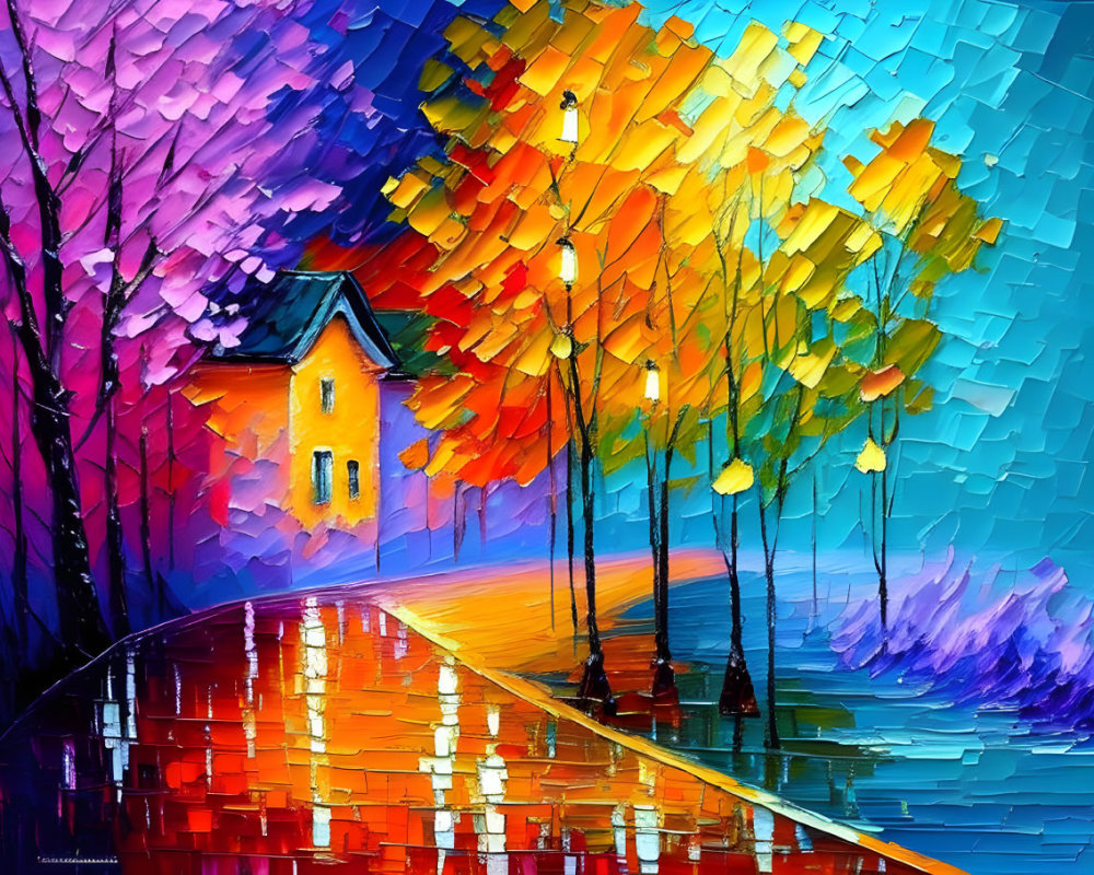 Colorful Painting of Lamp-Lit Pathway to Quaint House