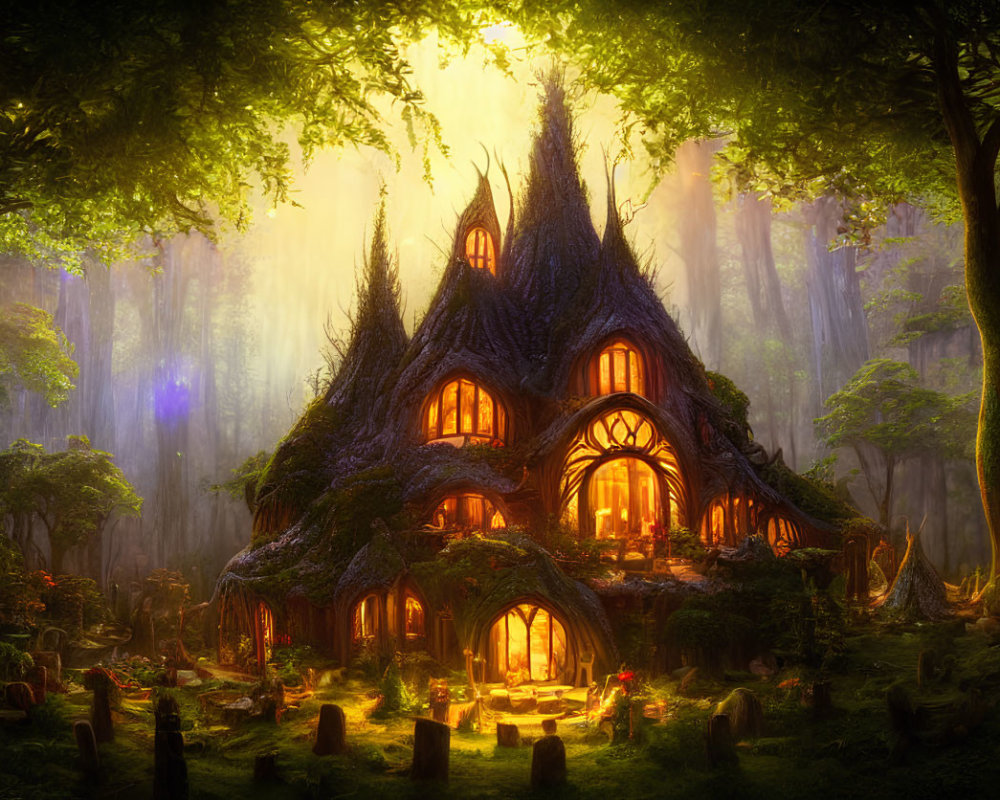 Mystical house in enchanted forest with glowing light beams