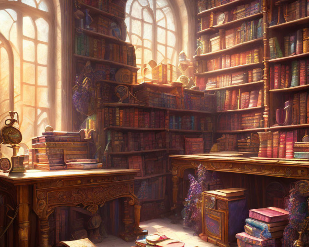 Sunlit library with towering bookshelves and floating books