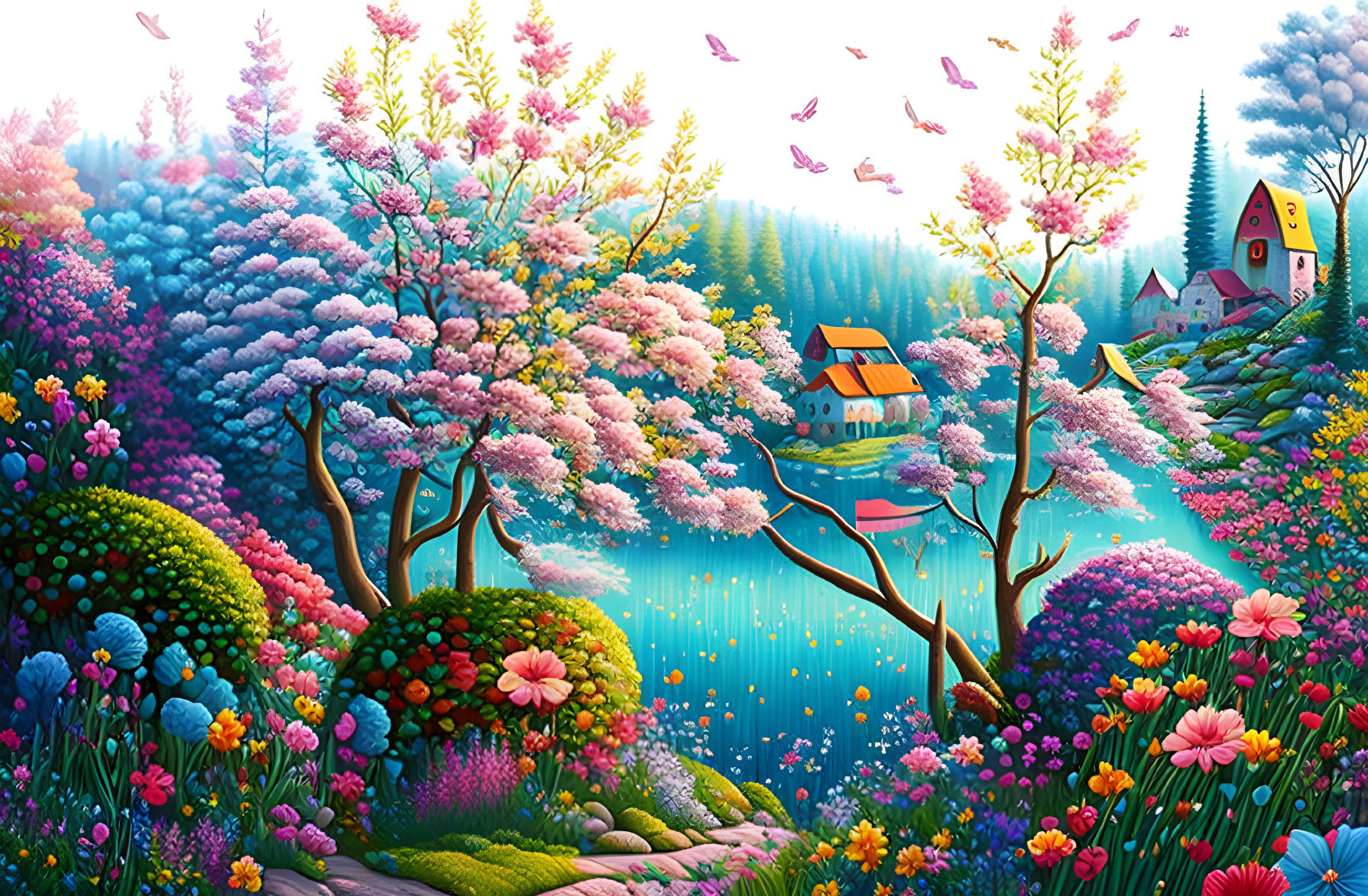 Colorful Fantasy Landscape with River, Village, and Butterflies