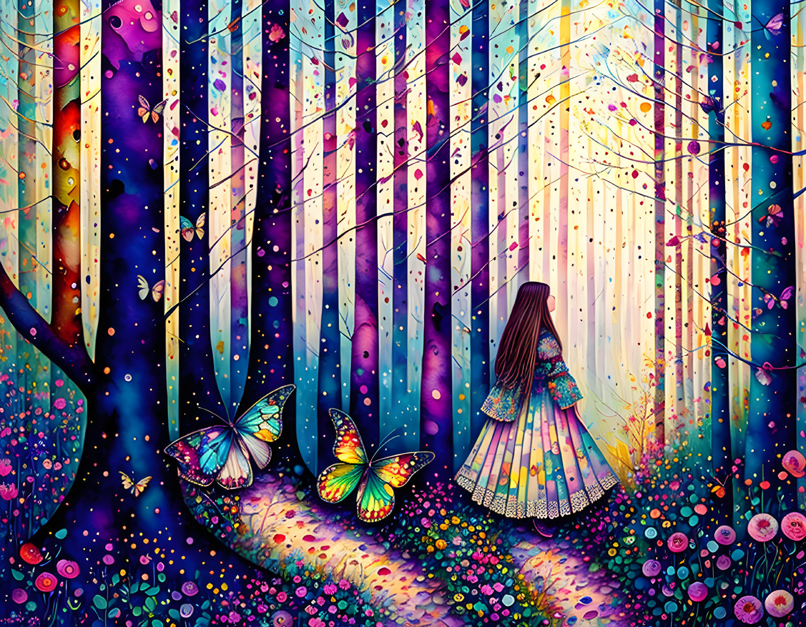 Colorful forest artwork featuring girl, vibrant trees, lights, oversized butterflies
