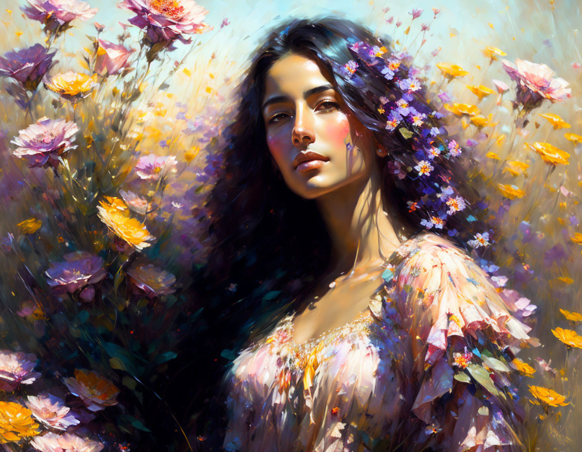 Impressionistic painting of woman with dark hair among colorful flowers