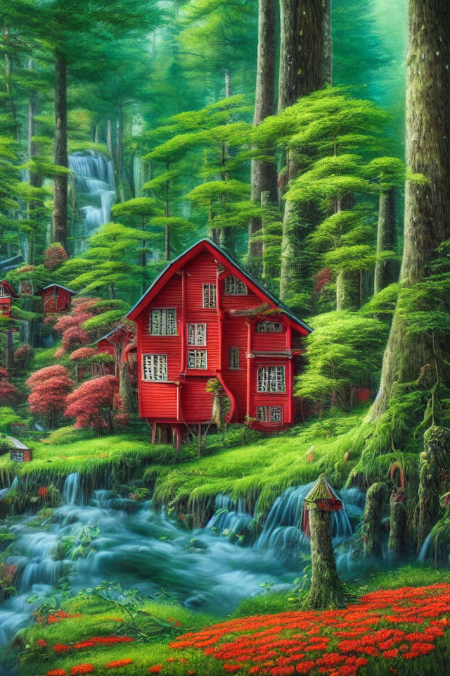 Enchanting fairy tale forest with red house, greenery, waterfalls, and red flowers
