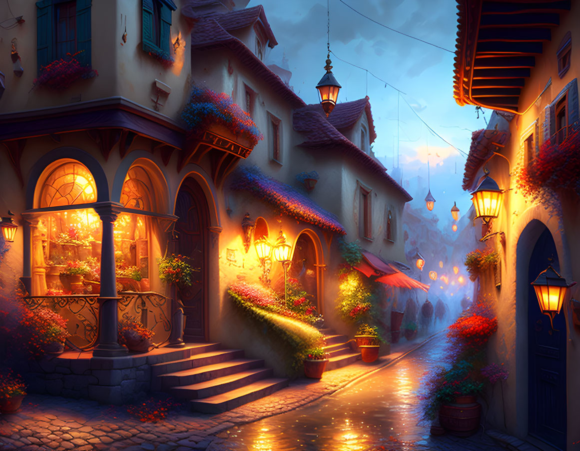 Charming cobblestone street with vibrant flowers and warm lights at twilight