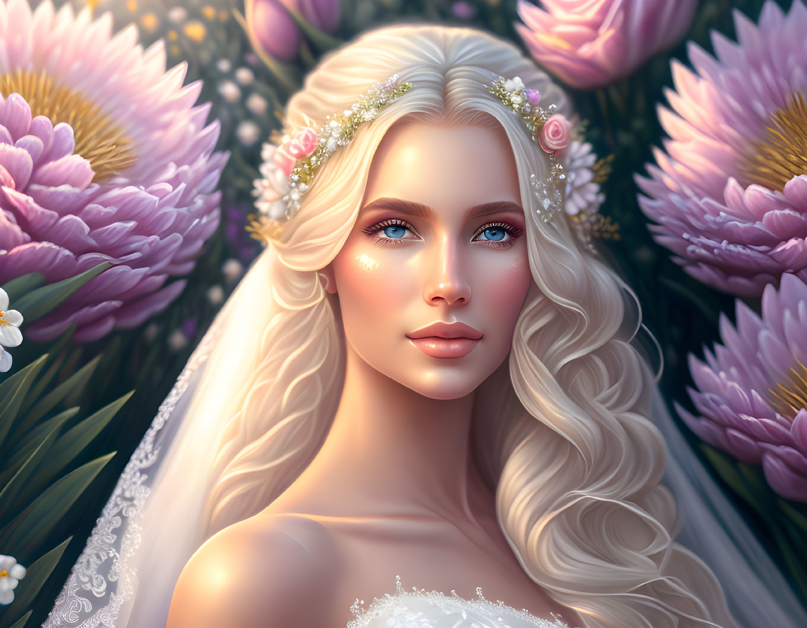 Blonde Bride Portrait with Blue Eyes and Floral Tiara