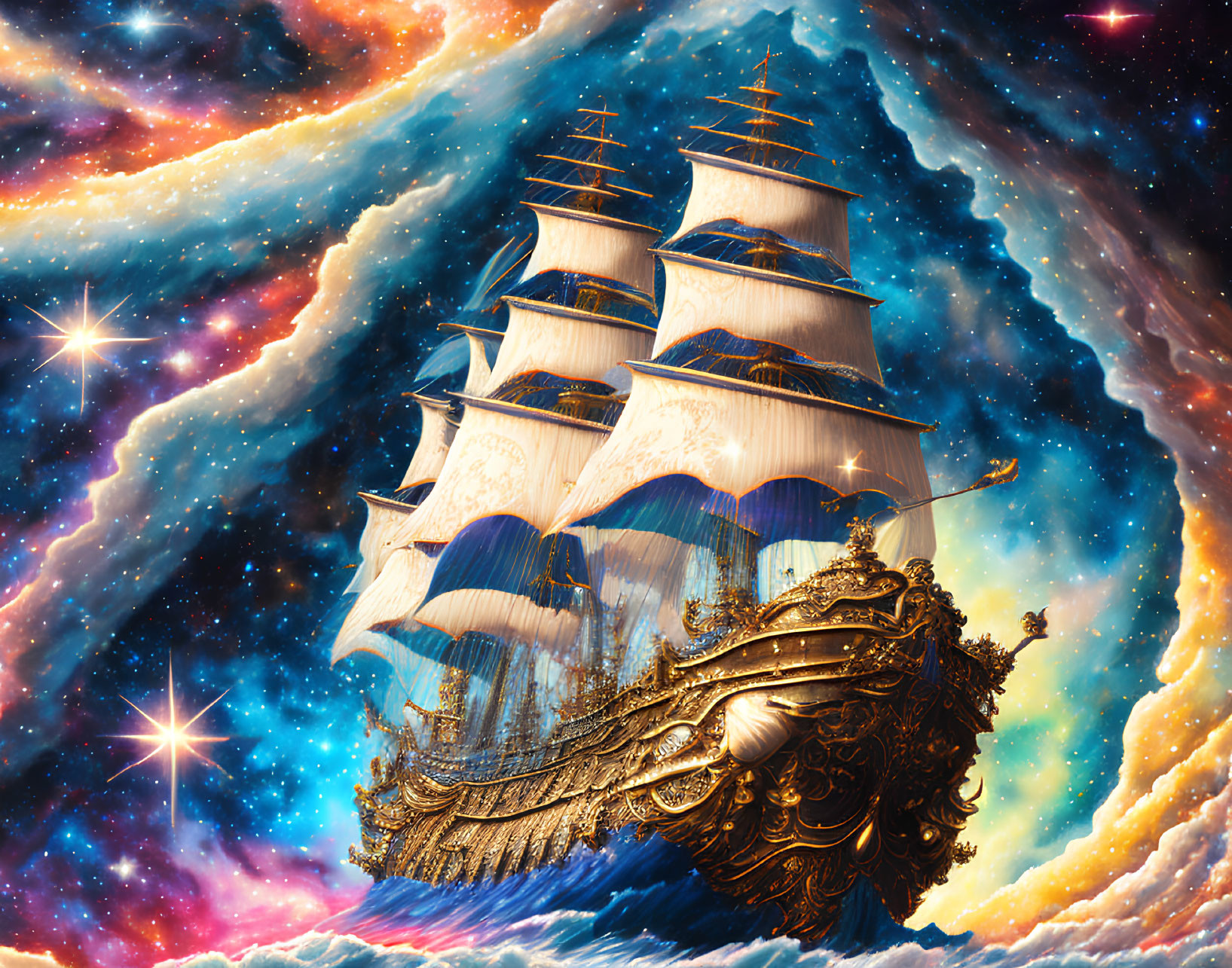 Golden ship sailing through cosmic sea with nebulae and stars.
