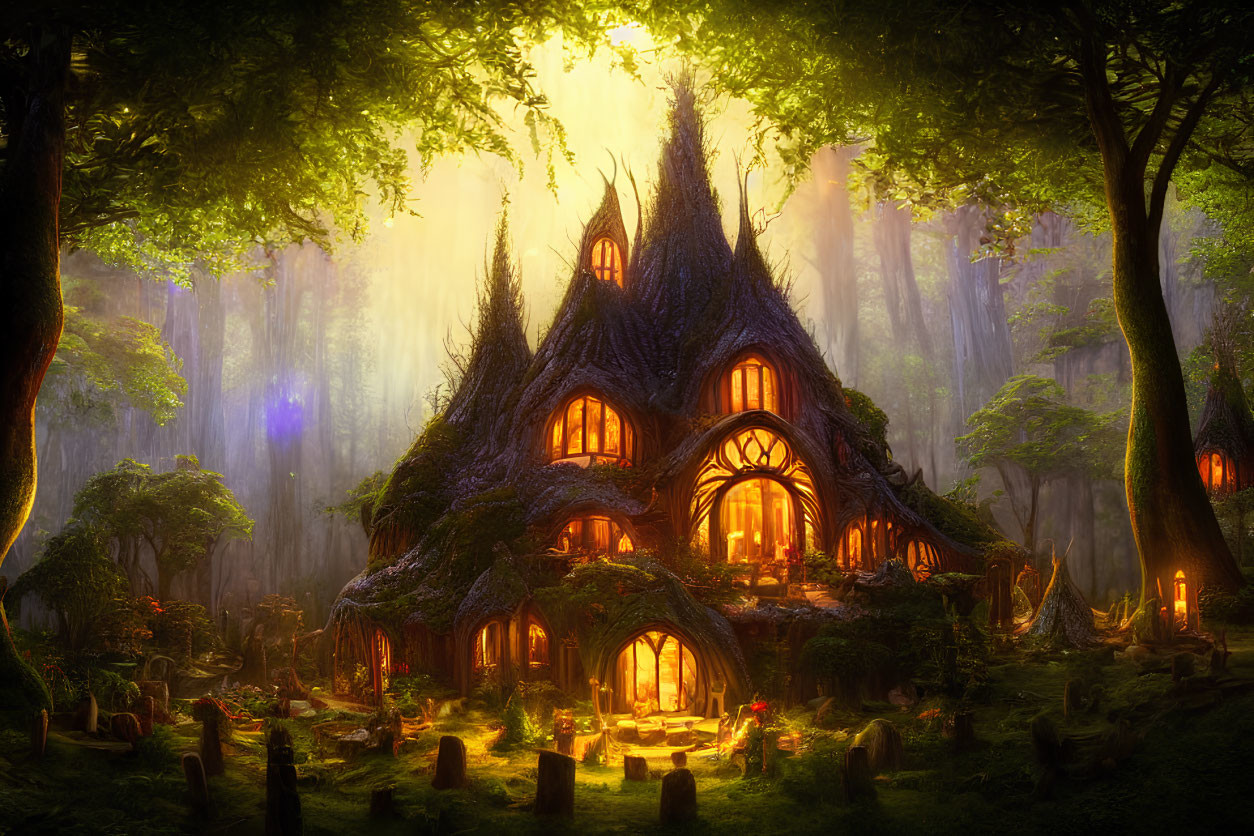 Mystical house in enchanted forest with glowing light beams
