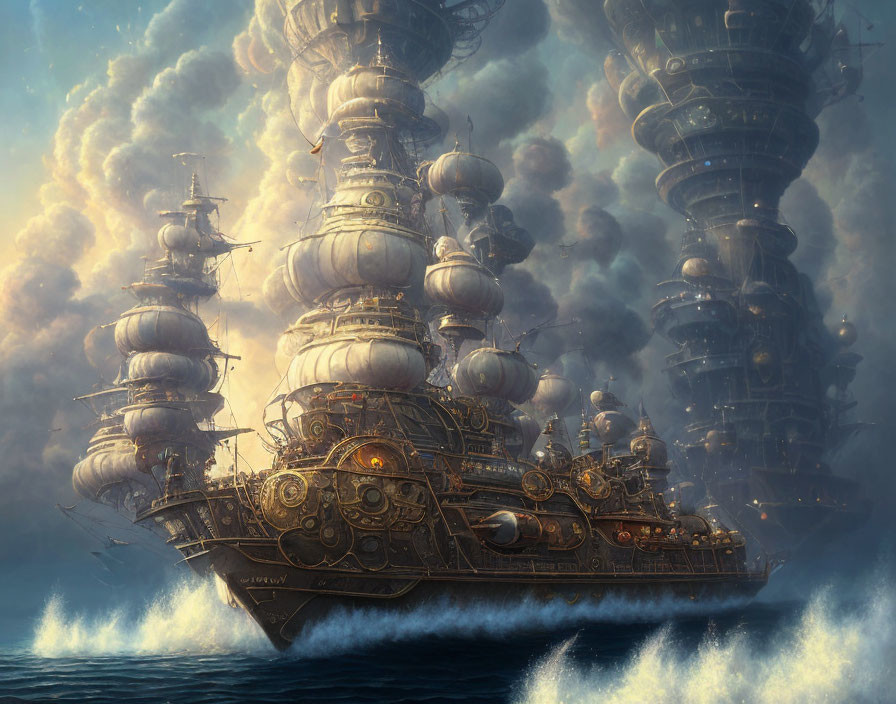 Elaborate Steampunk-Style Ship with Balloon Attachments and Smokestacks