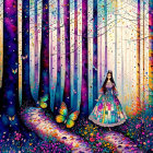 Colorful forest artwork featuring girl, vibrant trees, lights, oversized butterflies