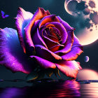 Colorful digital artwork: Large, multi-colored rose in a purple night sky with moon and planets