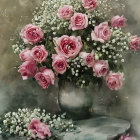 Pink Roses and Baby's Breath Bouquet in Vase on Muted Background