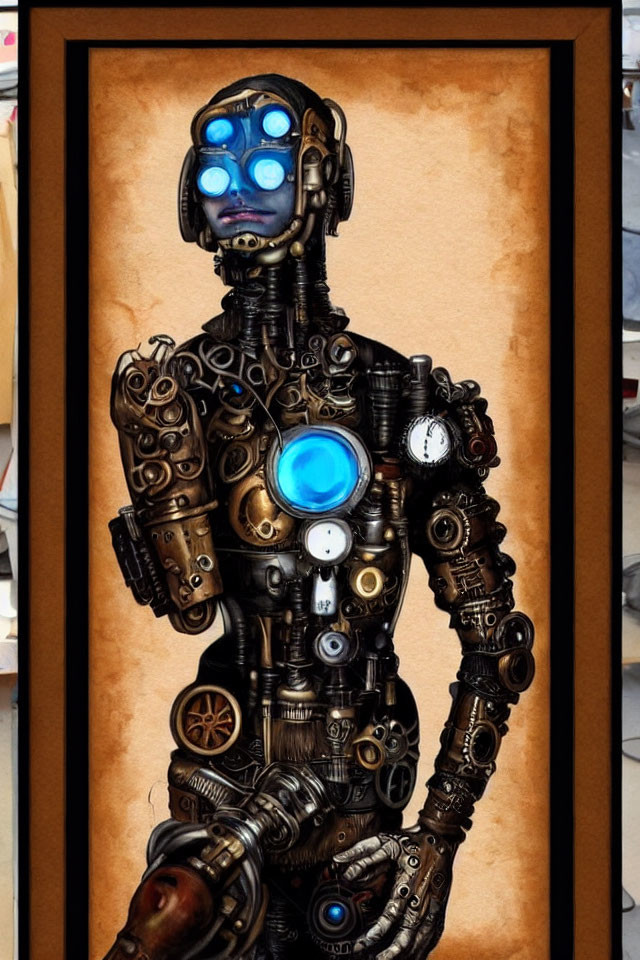 Steampunk-style robot with blue glowing eyes and chest orb in portrait.