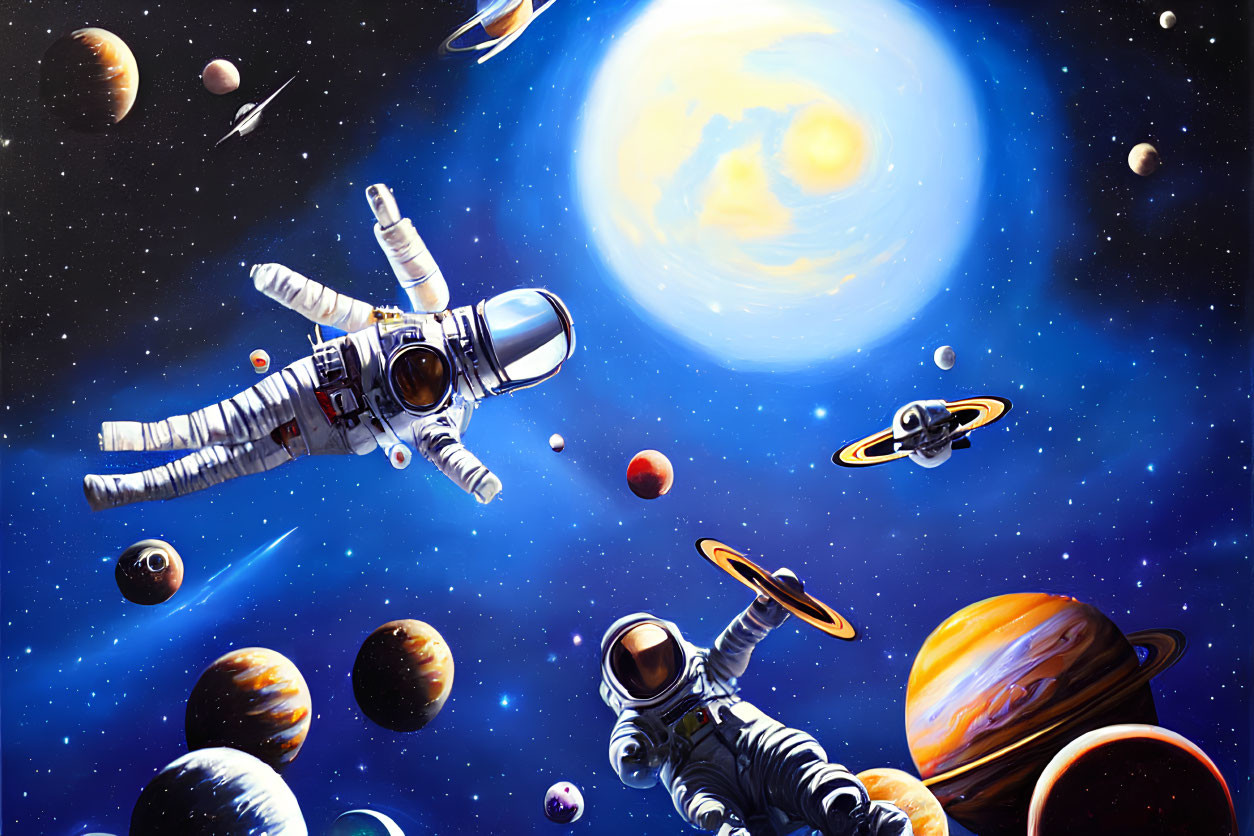 Colorful Astronauts Floating in Cosmic Scene