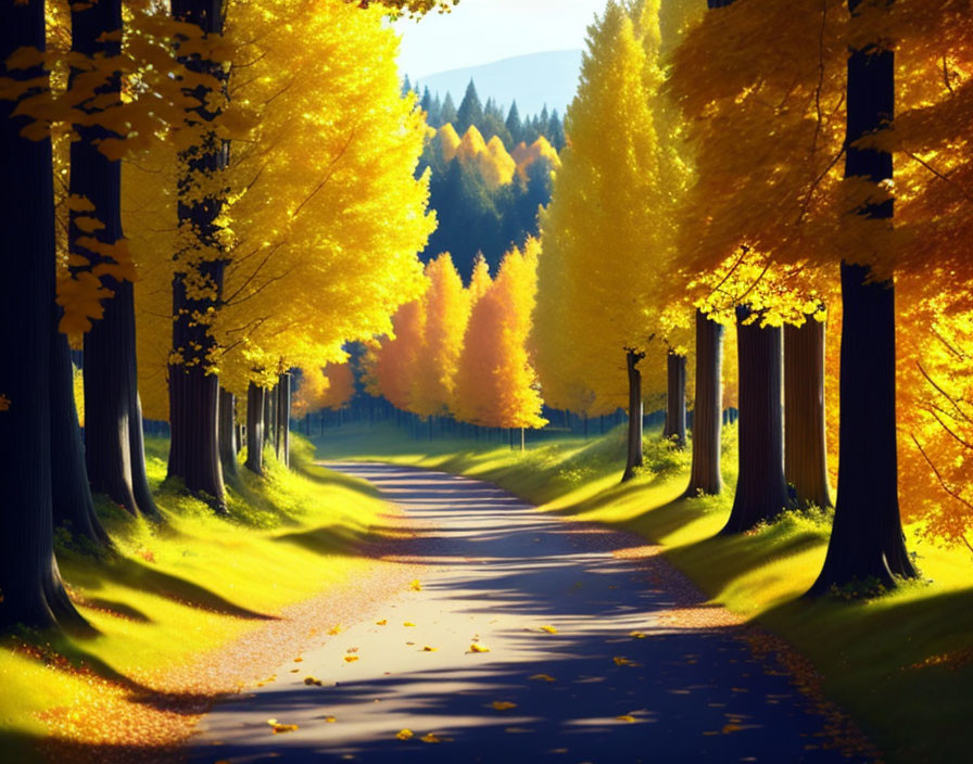 Tranquil Forest Path with Towering Trees and Golden Leaves