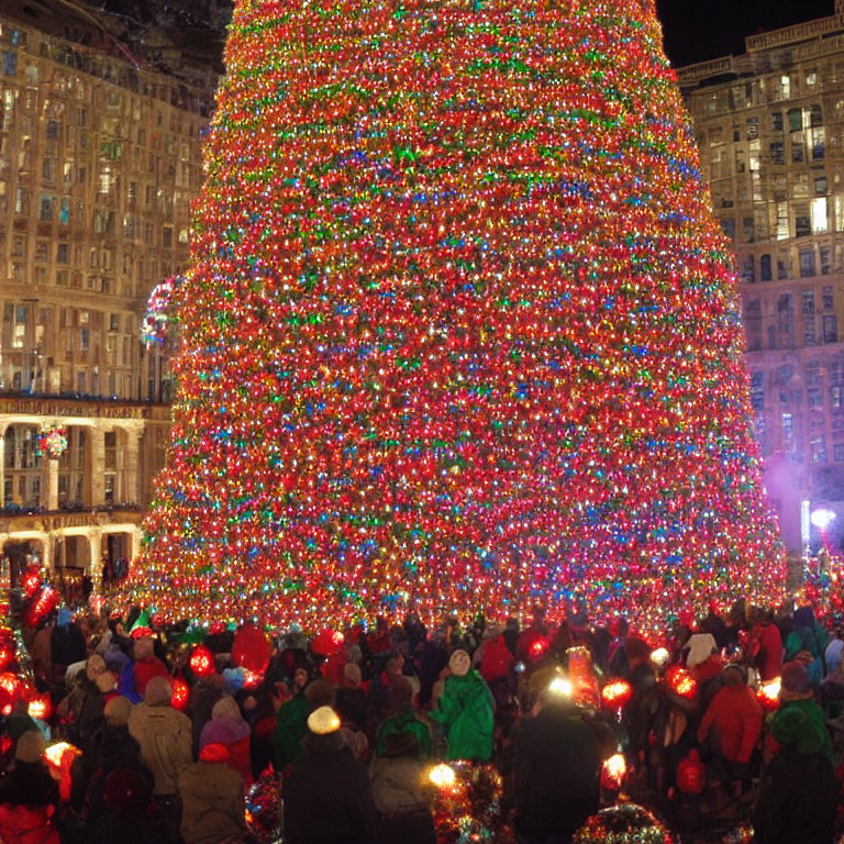 Vibrant Christmas tree with crowd at night