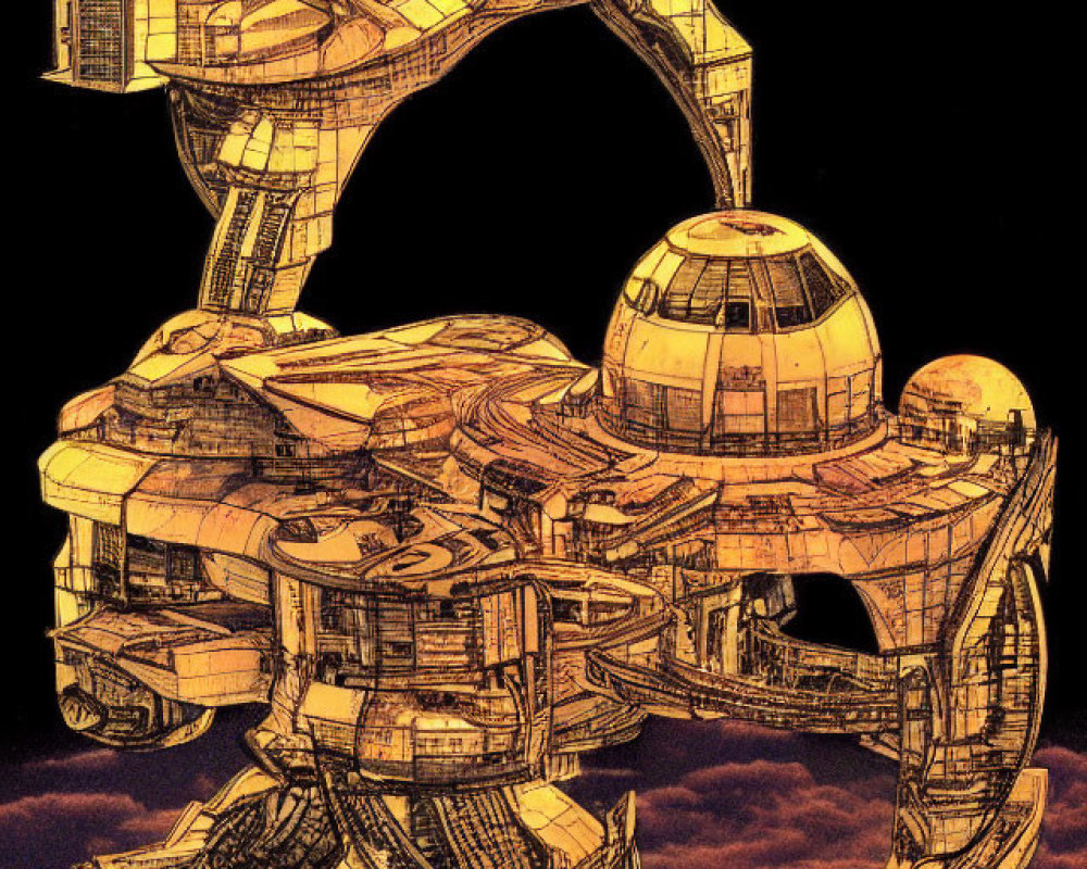 Detailed science fiction structure with spherical and curved architecture in orange and black color scheme
