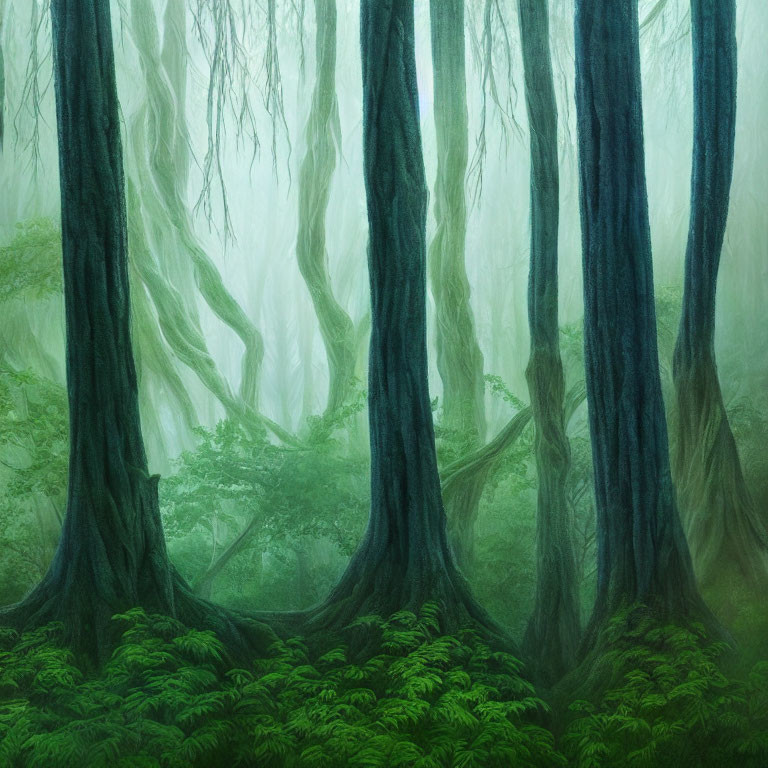 Misty green forest with towering moss-covered trees and lush fern understory
