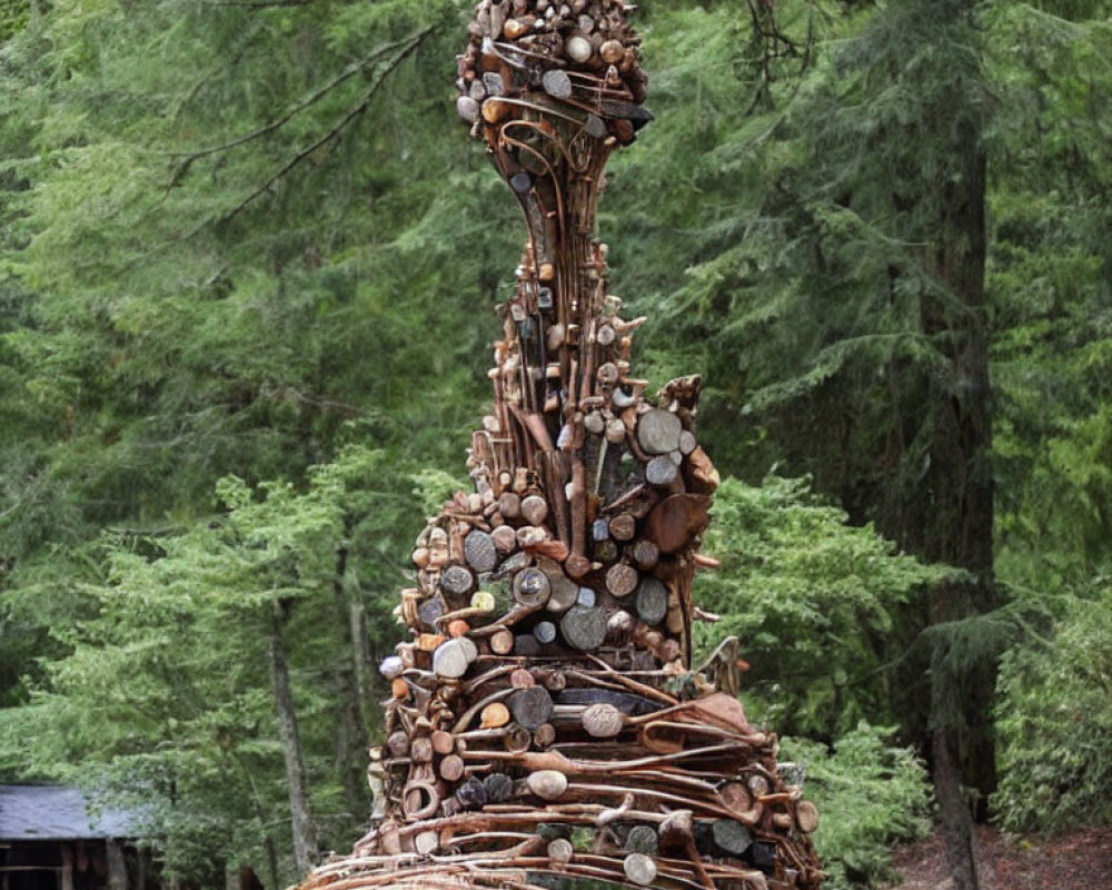 Textured sculpture of intertwined branches, logs, and stones in forest setting