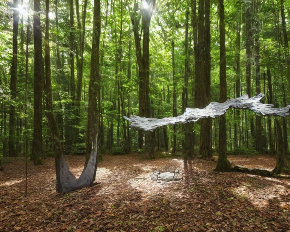 Tranquil forest scene with sunlight on cloth-like art installation