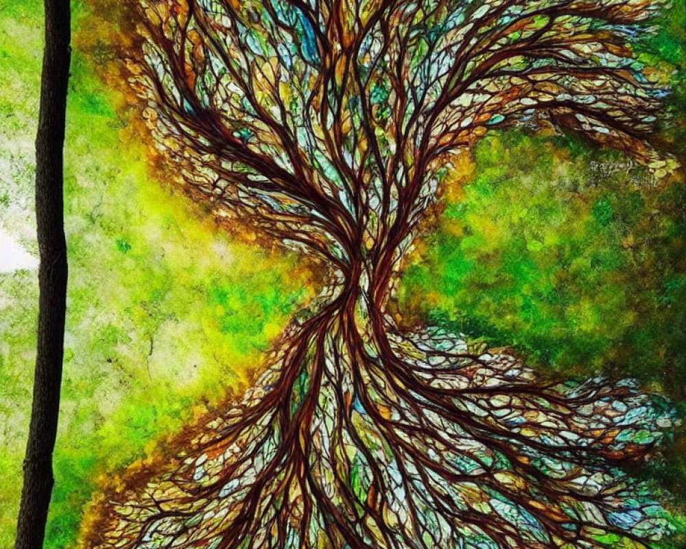 Colorful Abstract Tree Artwork with Brown Branches on Green and Yellow Background