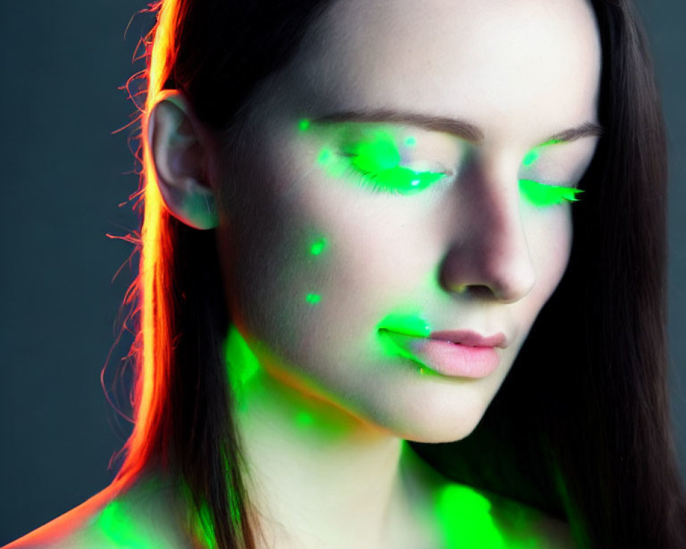 Soothing woman's face illuminated by green neon light