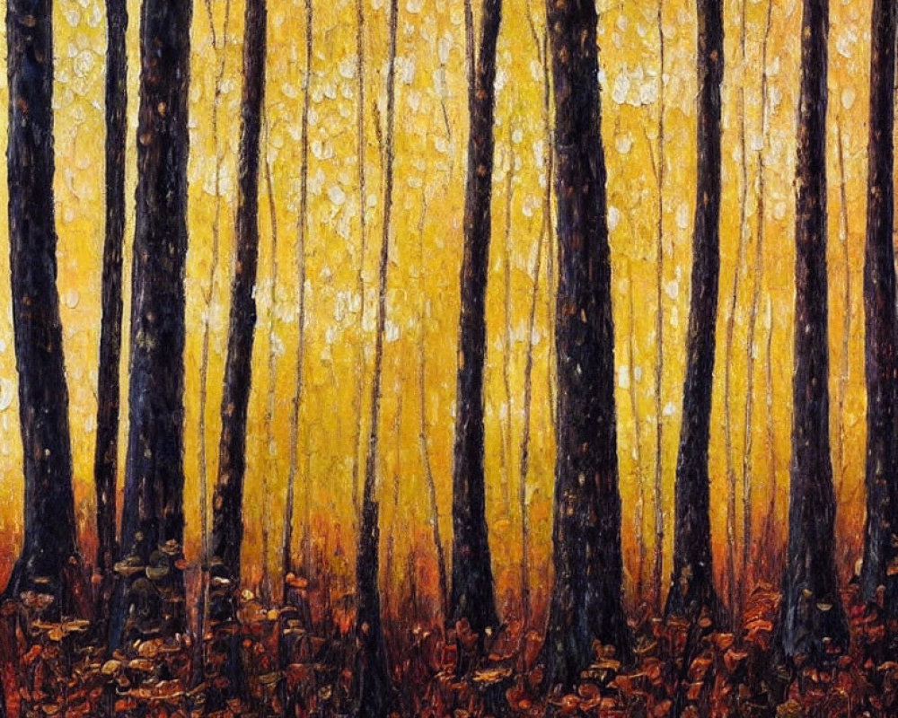 Autumn Forest Impressionist Painting with Golden Leaves