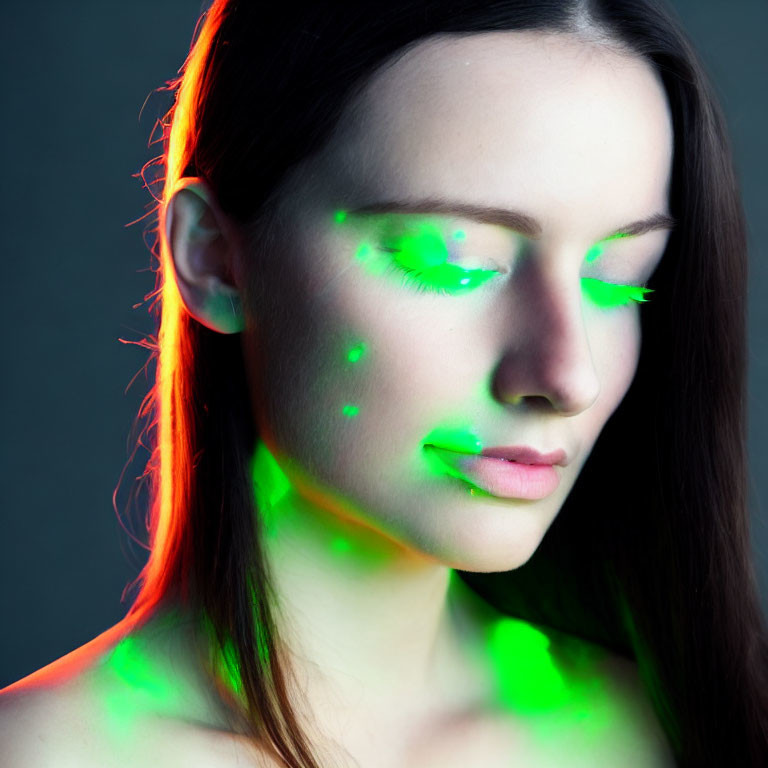 Soothing woman's face illuminated by green neon light
