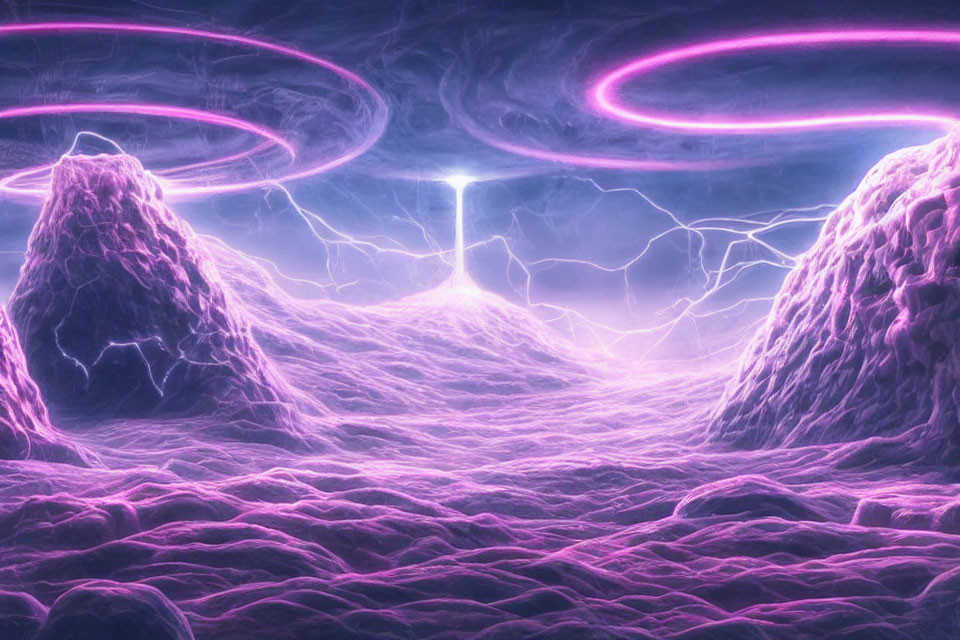 Surreal purple landscape with mountains, luminous tower, lightning, and auroras