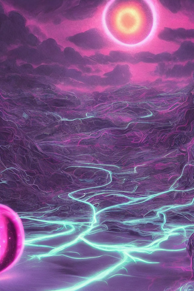Surreal Purple Landscape with Glowing Blue Rivers and Pink Sun