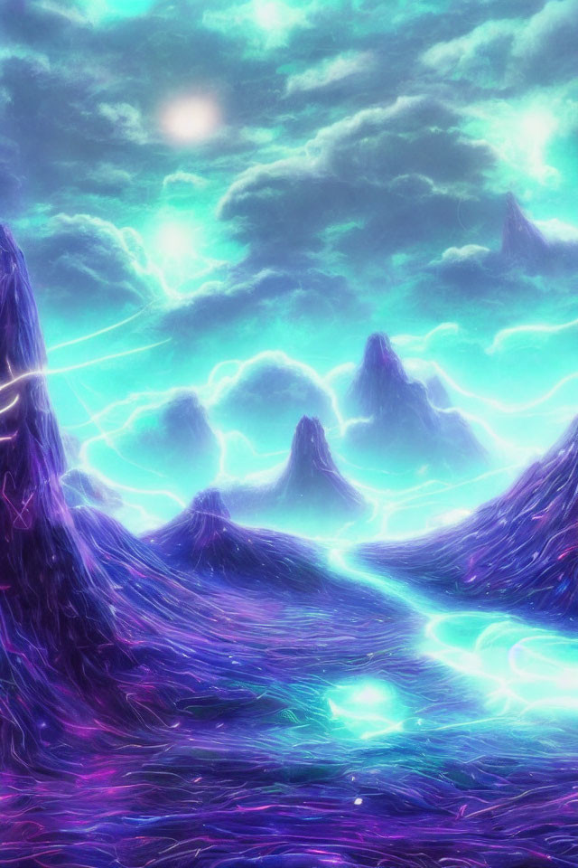 Fantasy Landscape: Purple Terrain, Turquoise Rivers, Lightning Skies