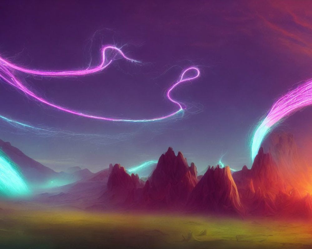 Fantasy Landscape with Pink and Blue Lights Over Jagged Mountains